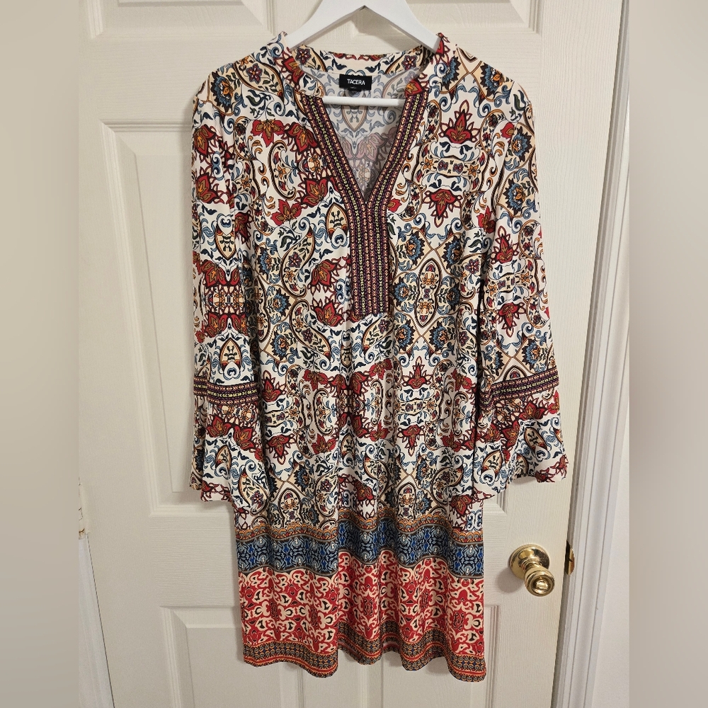 Tacera Blue And Red Multicolor Paisley Bohemian Dress Size Large